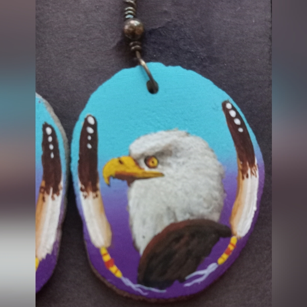 Hand-Painted Deer Antler NAVAJO Eagle Earrings - Picture 3 of 7